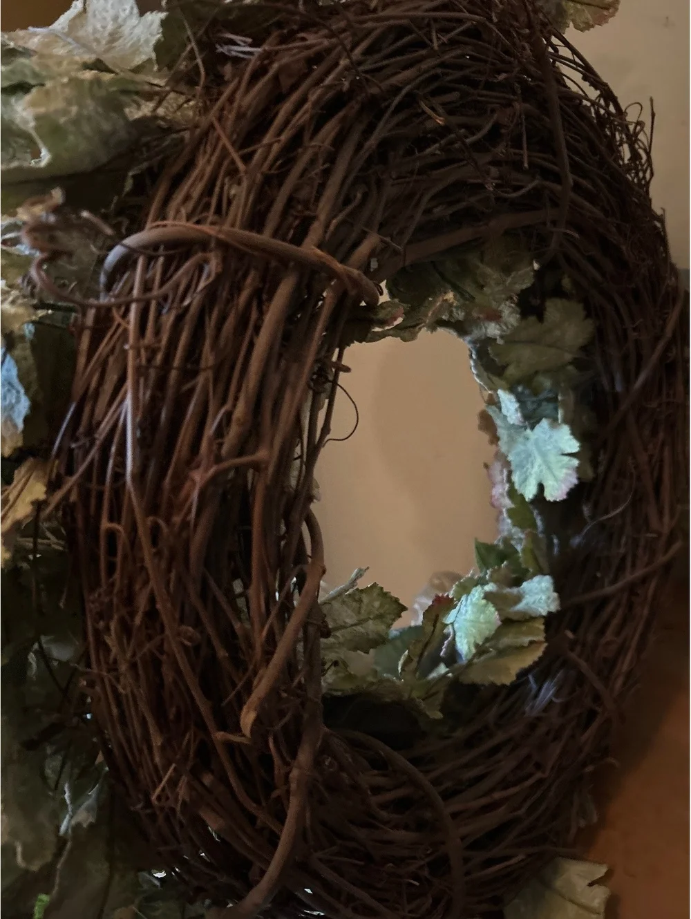Decorative Floral Grapevine Wreath with Cream Roses and Green Leaves